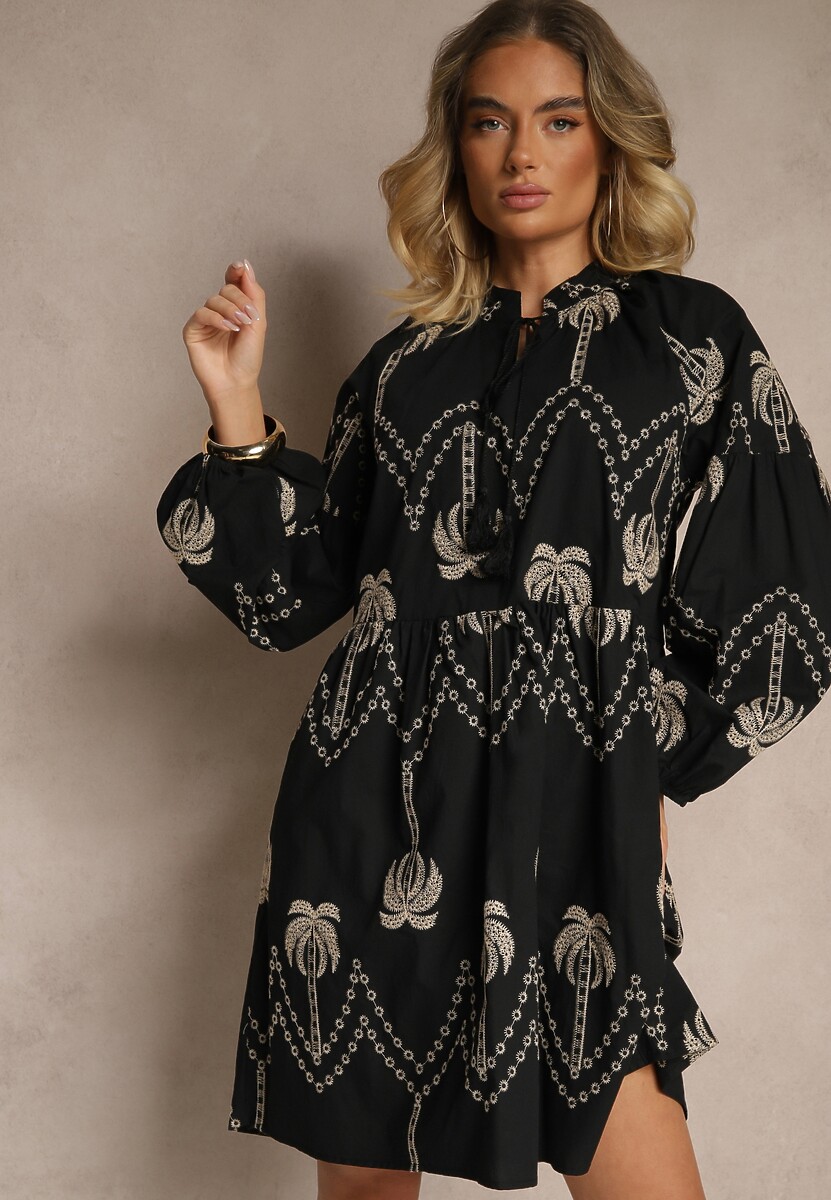 Czarna Bawełniana Sukienka Ozdobiona Palmowym Haftem Sarlio