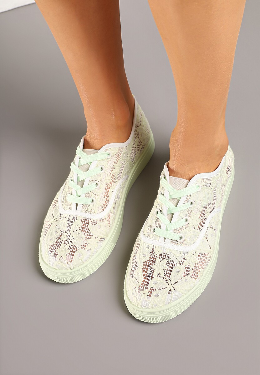 Beżowo-Zielone Tenisówki Ozdobione Koronką Orrisanne