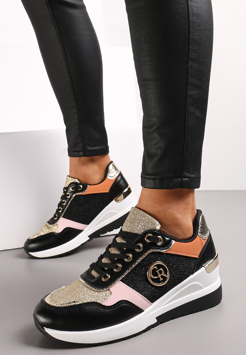 Czarne Sneakersy Ozdobione Brokatem i Metalicznymi Wstawkami Preslana