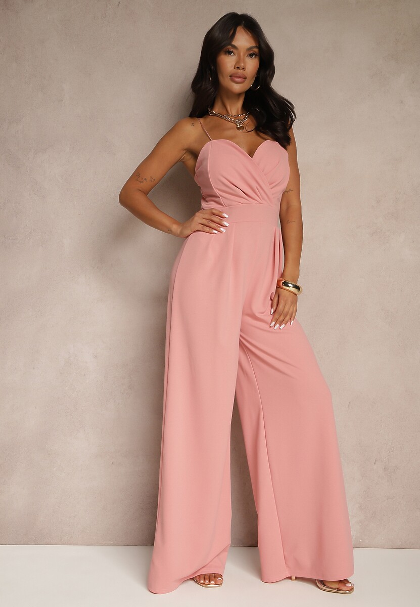 Różowy Kombinezon na Cienkich Ramiączkach z Kopertowym Dekoltem i Szerokimi Nogawkami Jovantia