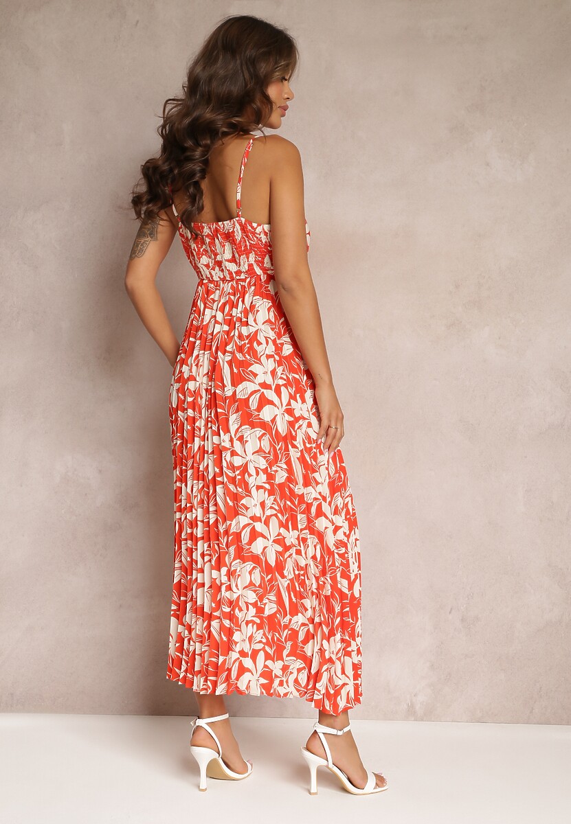 Pomarańczowa Kwiecista Sukienka Maxi z Plisowanym Dołem i Gumką w Talii Xinne