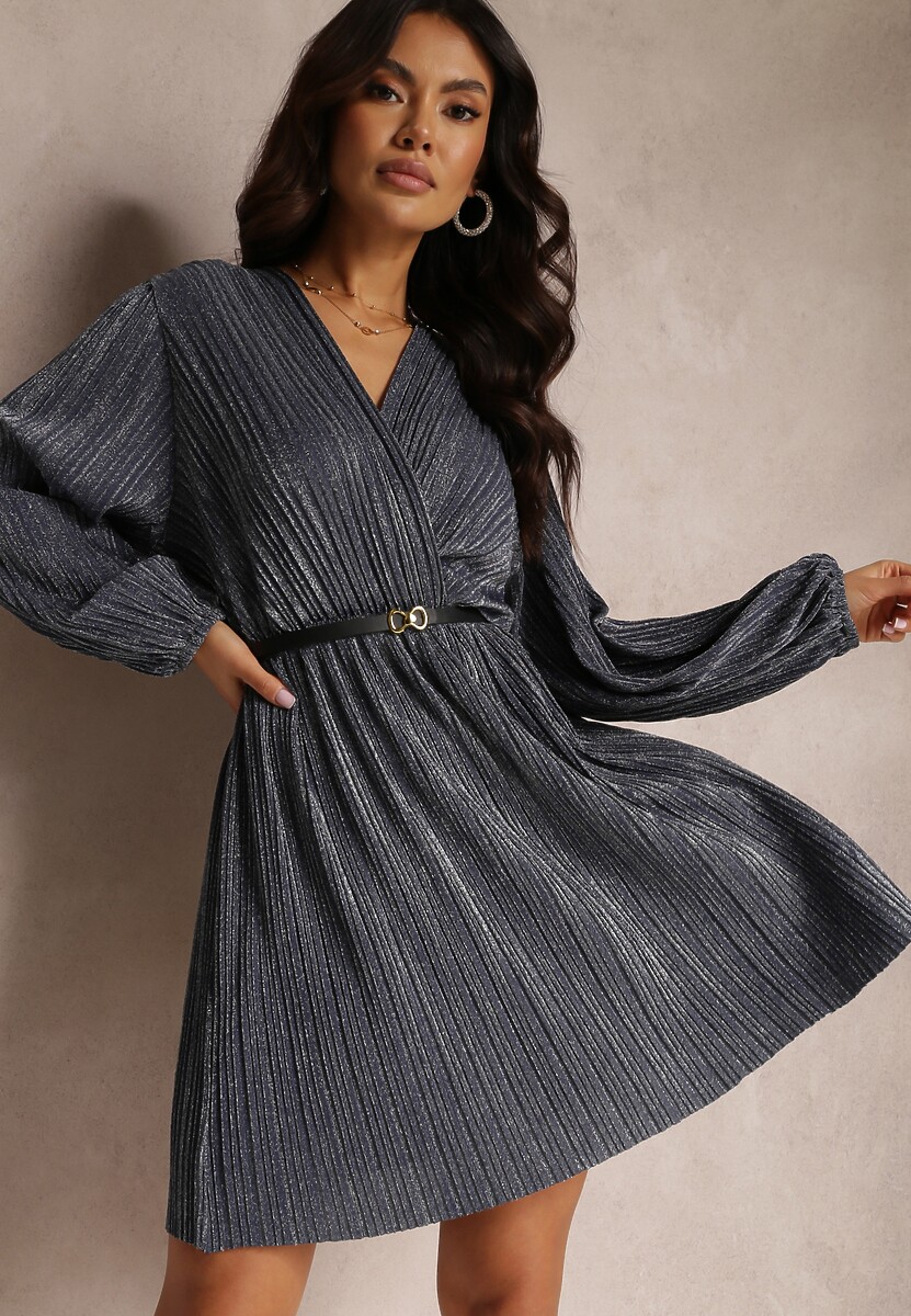 Granatowa Sukienka Metaliczna Plisowana z Paskiem Fonelle