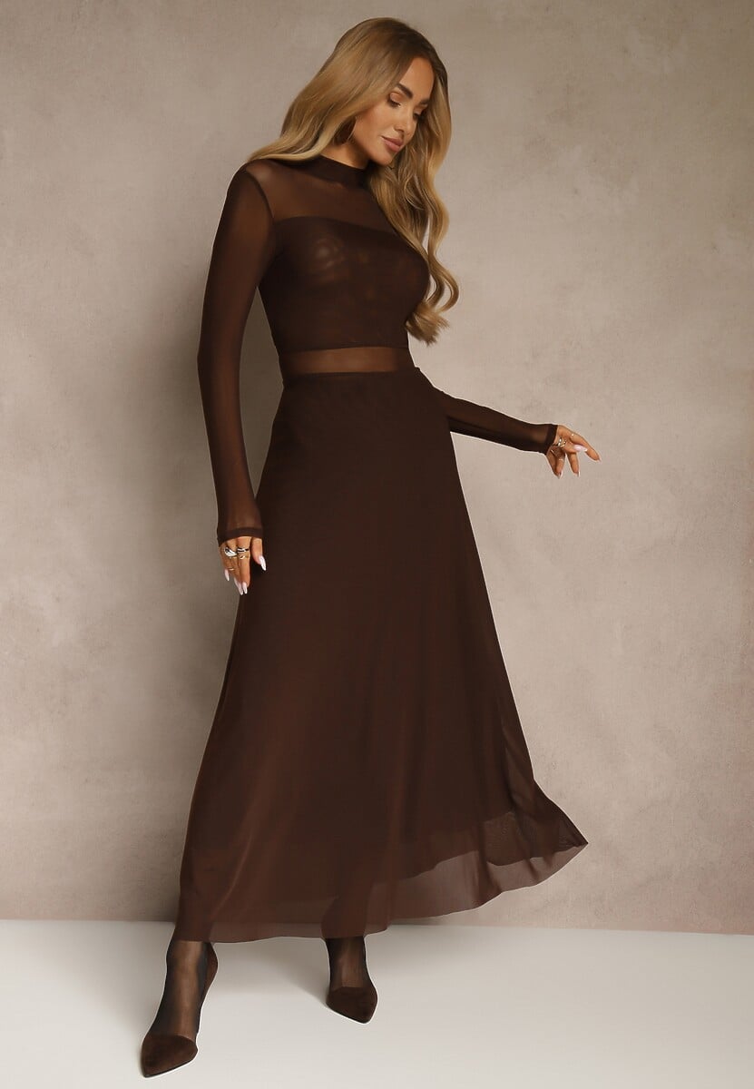 Czarna Rozkloszowana Sukienka Longsleeve z Siateczki z Dodatkiem Wiskozy Eprella