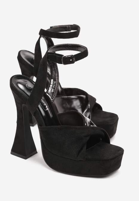 Czarne Sandały na Wysokim Słupku i Platformie z Ozdobnym Paskiem Rupina