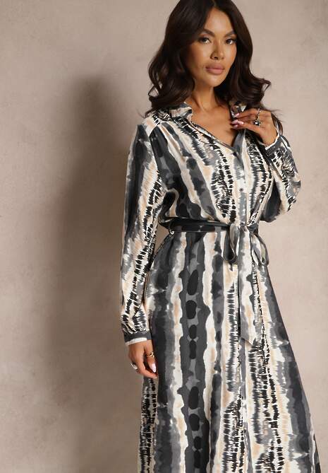 Szara Koszulowa Sukienka z Wiskozy Ozdobiona Materiałowym Paskiem Elliorwen