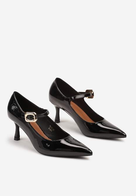 Czarne Lakierowane Czółenka z Paskiem i Klamrą Nevishas