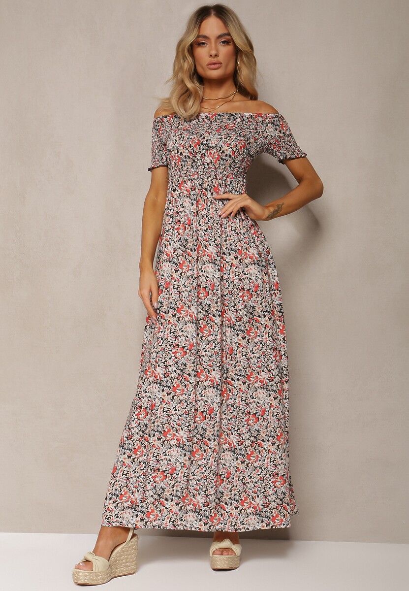 Czarno-Różowa  Długa Sukienka Bawełniana Hiszpanka w Kwiatowy Wzór Nrosa