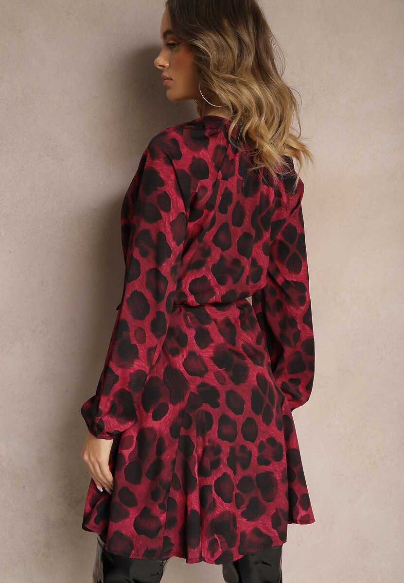 Bordowa Sukienka w Panterkowy Print o Rozkloszowanym Kroju z Wiązaniem w Talii Ameriana