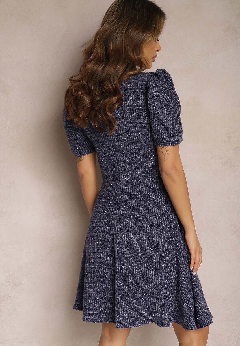 Granatowa  Rozkloszowana Sukienka Mini z Lekko Bufiastymi Rękawkami Merridia