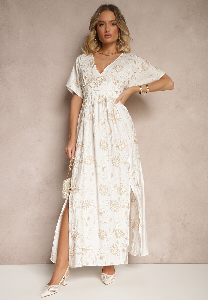 Biała Sukienka z Wiskozy Ozdobiona Haftem i Metaliczną Nicią Ivelvesa