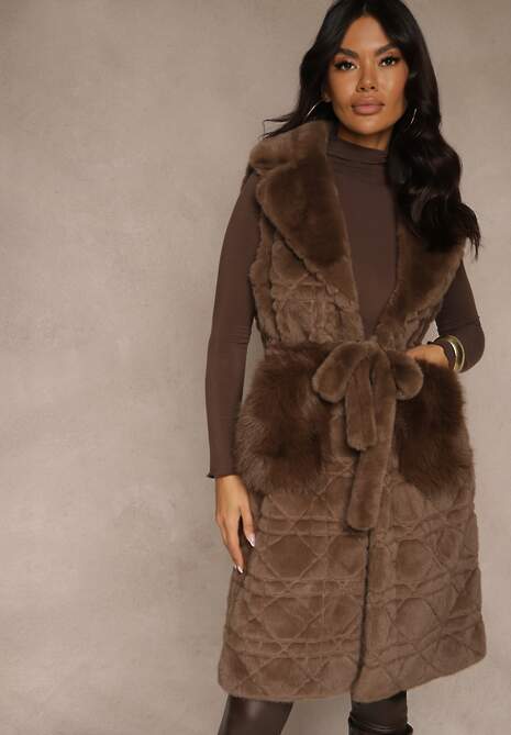 Brązowa Kamizelka Futerko z Wiązanym Paskiem Zdobiona Przeszyciami Ranitila