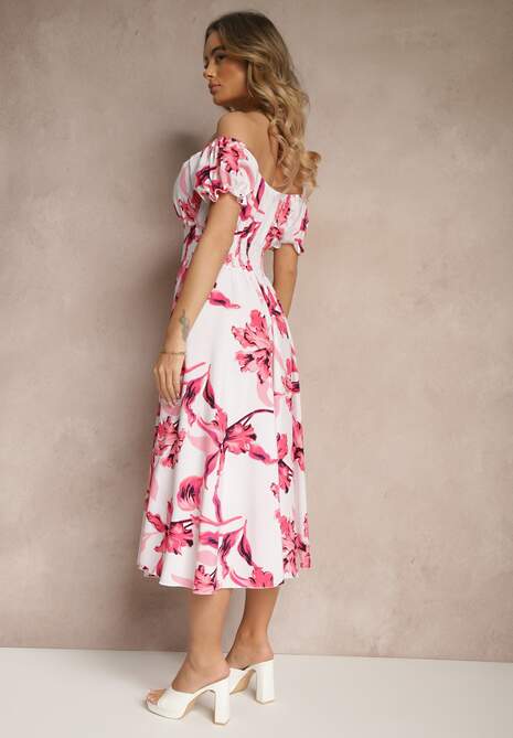 Jasnobeżowa Sukienka z Bawełną Rozkloszowana w Kwiatowy Print z Dekoltem Łódką Annirna