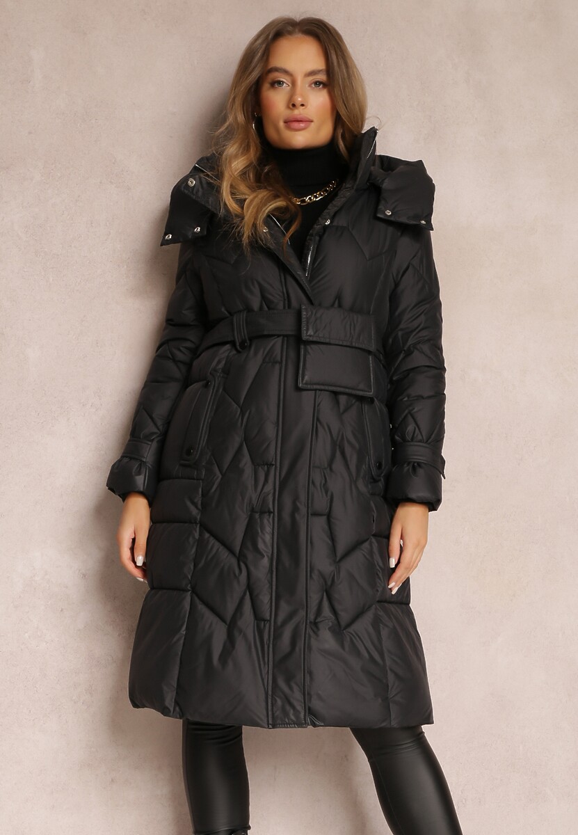 Czarna Kurtka Pikowana Długa z Paskiem i Saszetką Cythine
