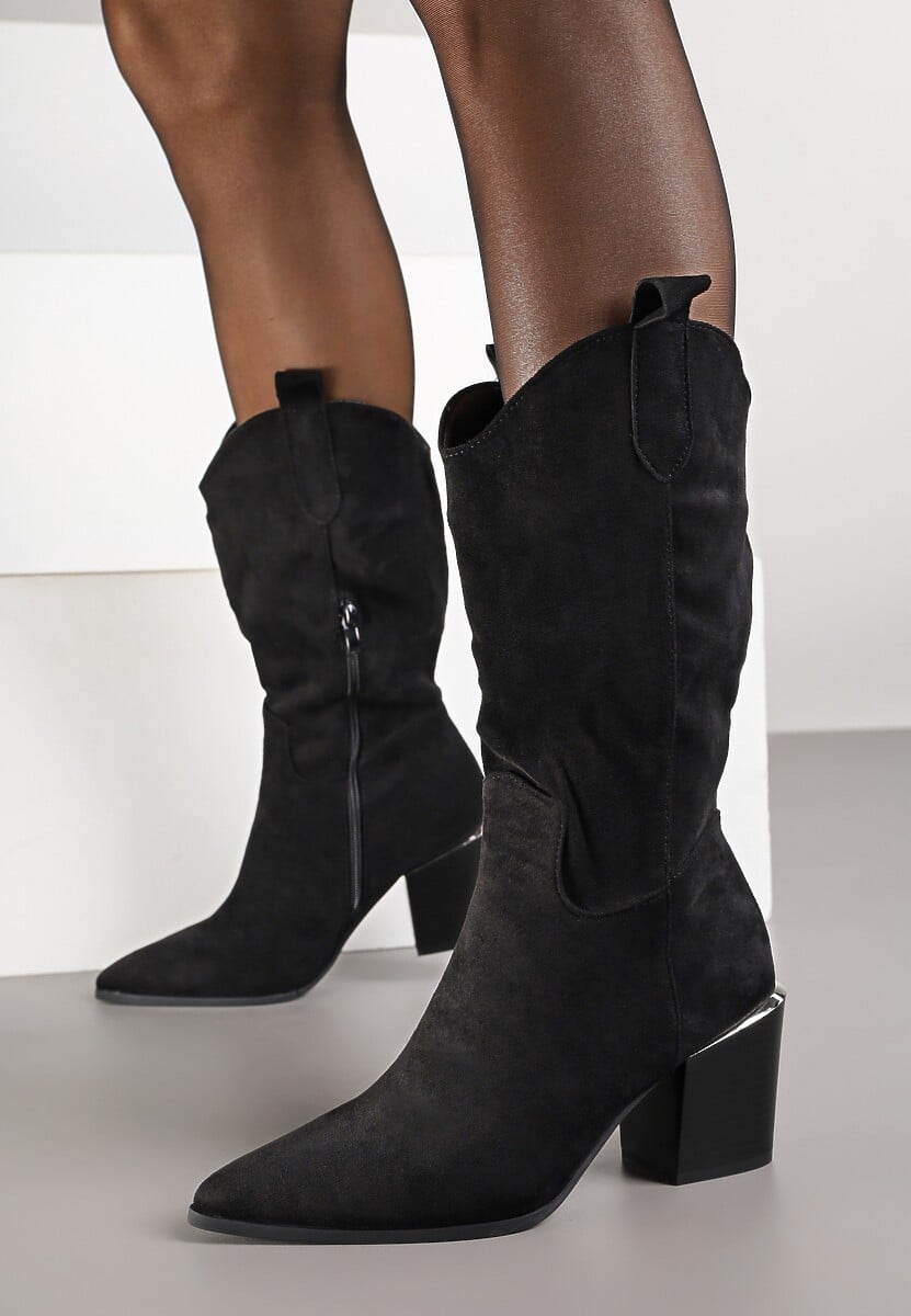 Czarne Botki w Stylu Kowbojek na Obcasie z Długą Cholewką Mabilla