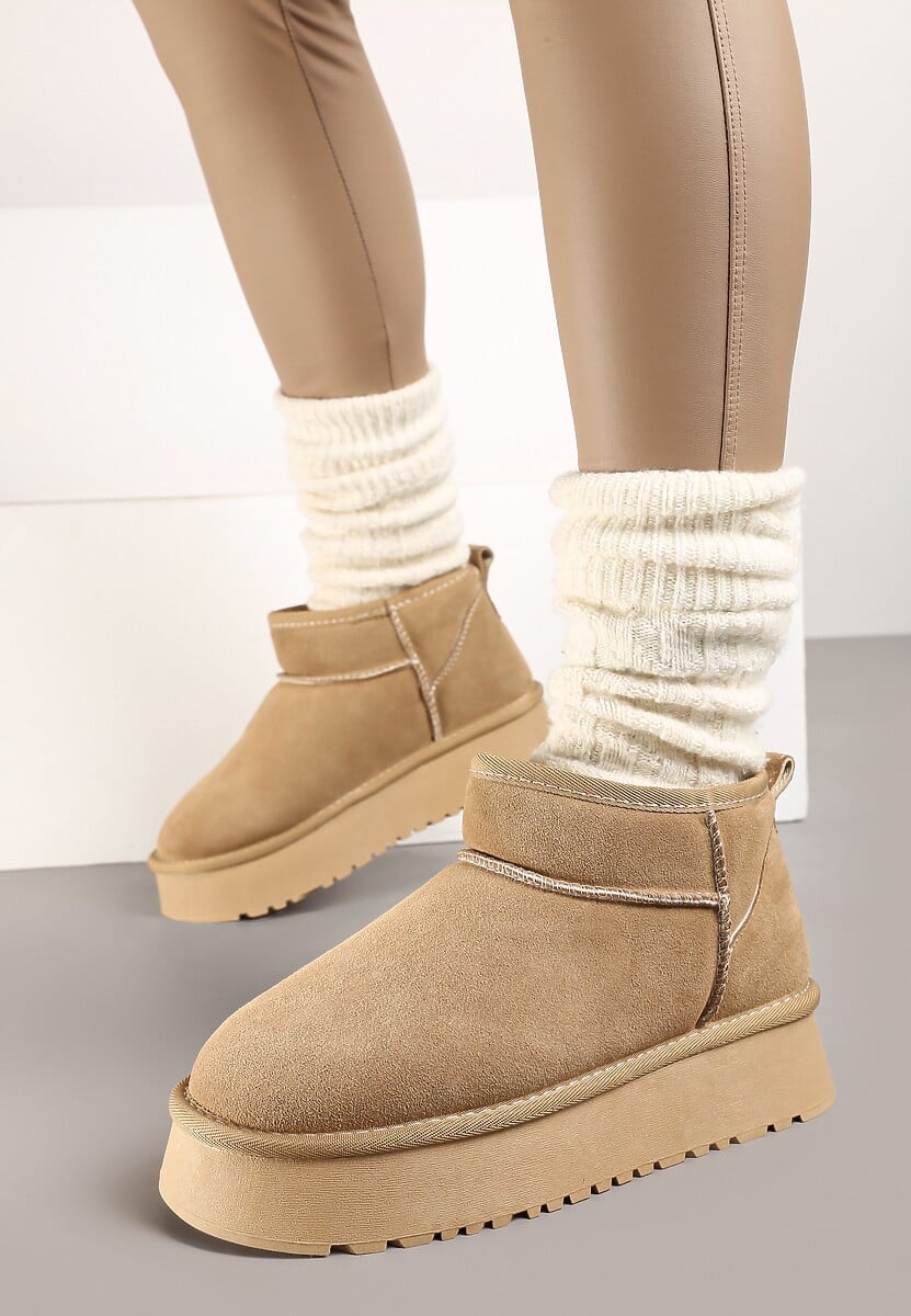 Beżowe Zamszowe Śniegowce na Grubej Podeszwie Mazinae
