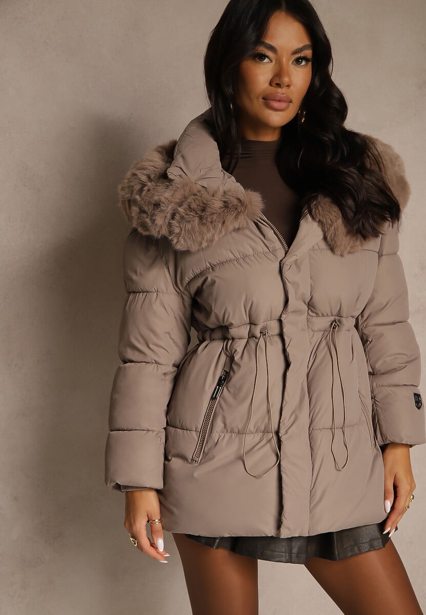 Ciemnobeżowa Pikowana Kurtka z Szerokim Kapturem z Futrem Galiessa