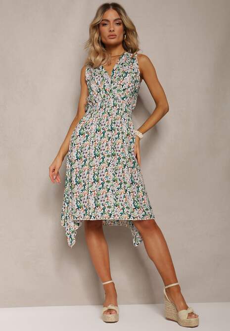 Zielona Kwiecista Sukienka z Bawełny o Kopertowym Dekolcie i Rozkloszowanym Fasonie Crosa