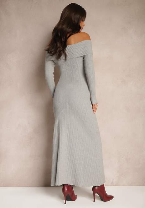 Szara Sukienka z Wiskozą Ozdobiona Wywiniętym Dekoltem Siarielis