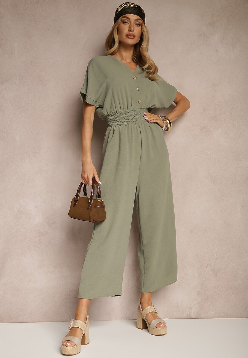 Zielony Wiskozowy Kombinezon z Dekoltem w Serek Zapinany na Guziki Anisora