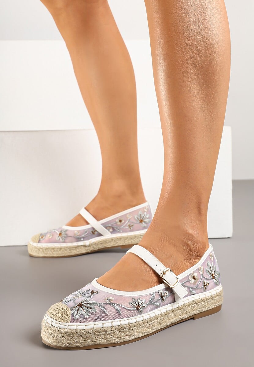 Beżowe Espadryle z Siateczki na Plecionej Podeszwie Zdobione Haftem Evelritia
