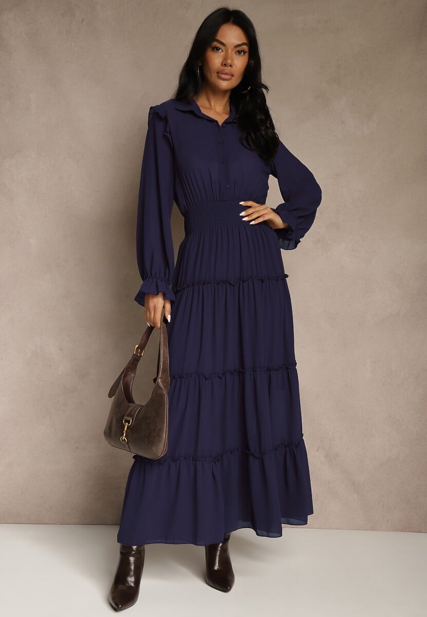 Granatowa Sukienka VICES Koszulowa z Falbaną w Rustykalnym Stylu Arivite