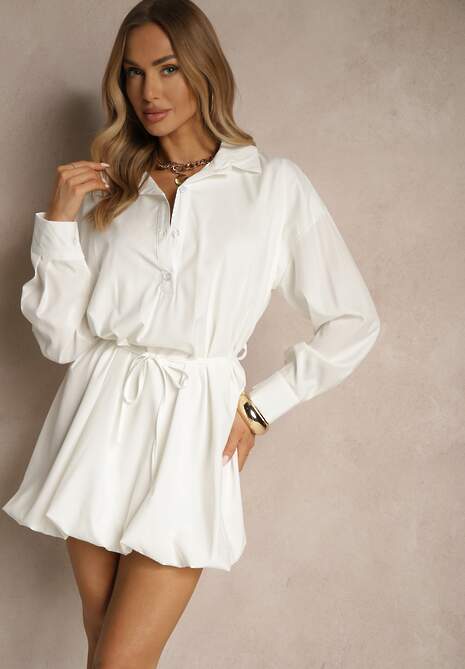 Biała Sukienka Koszulowa Typu Bombka Ozdobiona Paskiem Lavirivae