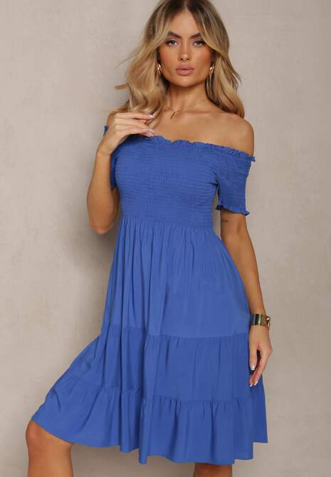 Niebieska Letnia Sukienka z Bawełny o Fasonie Hiszpanki z Rozkloszowanymi Falbanami Lorania