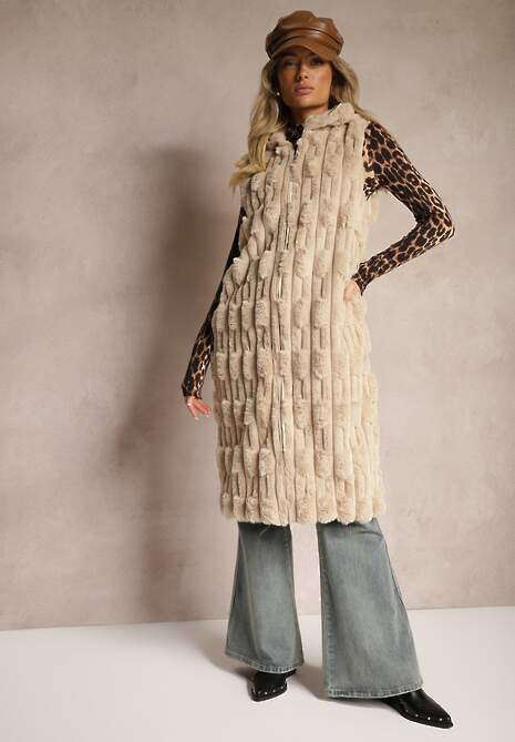 Beżowa Długa Kamizelka z Futerka Zapinana na Suwak z Kapturem Vioresa