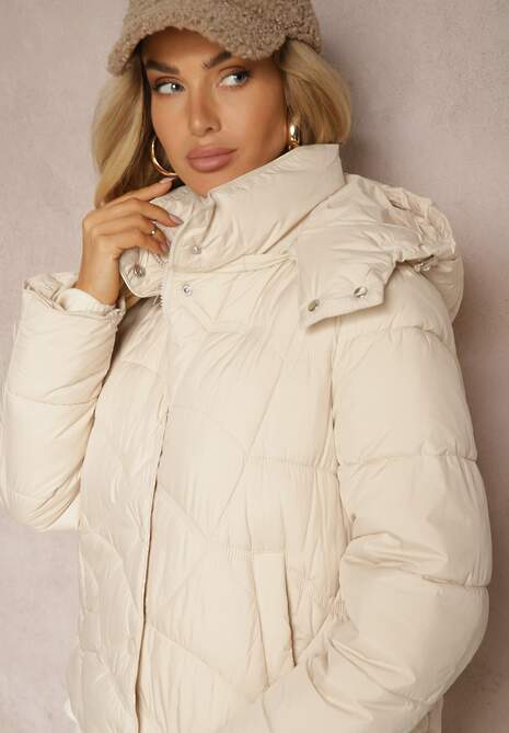Jasnobeżowa Kurtka z Pikowanymi Przeszyciami o Prostym Kroju z Kapturem i Kieszeniami Salielia