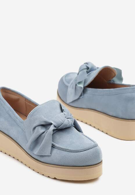 Niebieskie Mokasyny z Ekozamszu na Niskiej Platformie z Ozdobną Kokardą Nusalena