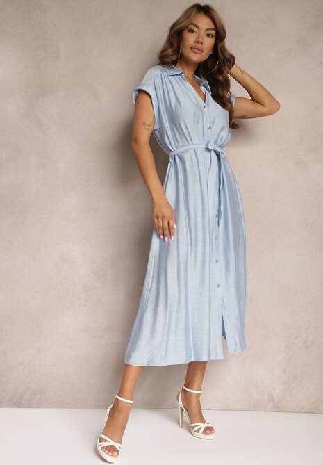 Niebieska Rozkloszowana Sukienka o Koszulowym Kroju Ozdobiona Paskiem w Talii i Guzikami Rosofia