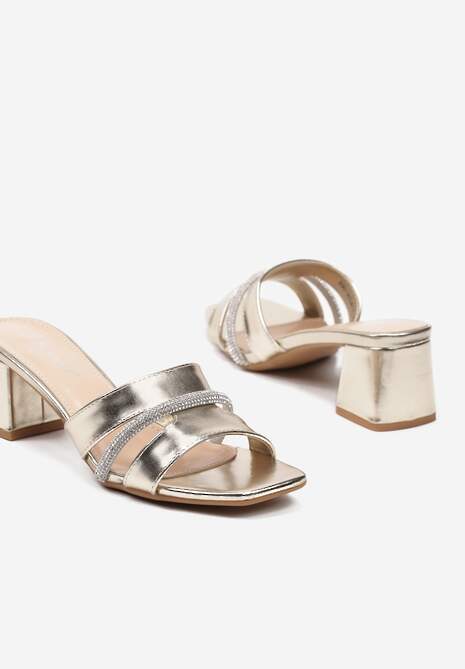 Złote Eleganckie Klapki na Słupku Ozdobione Cyrkoniami na Paskach Lilines