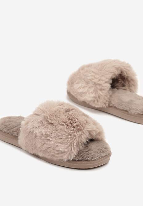 Ciemnobeżowe Kapcie Futrzane Vices z Szerokim Paskiem Selaenor