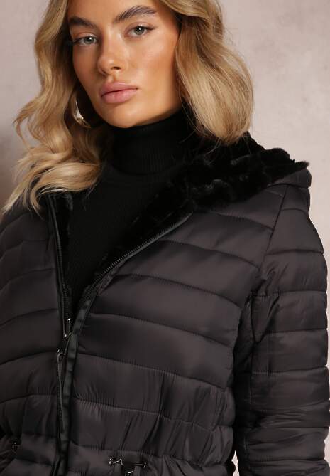 Czarna Dwustronna Kurtka z Pikowaniem i Futerkiem Annane
