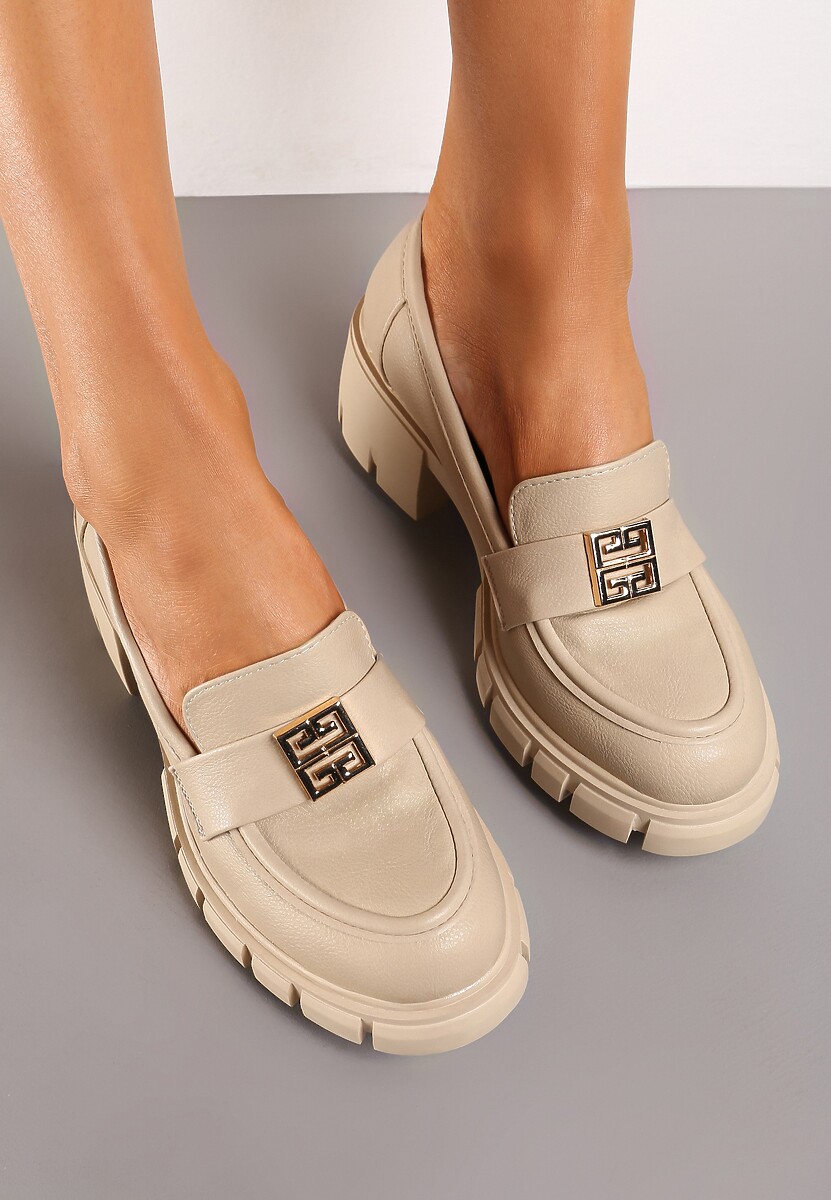 Beżowe Półbuty w Stylu Mokasynów Chunky z Ozdobną Klamerką i Skórzaną Wkładką Nubila