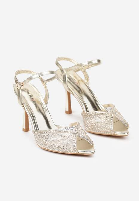 Złote Eleganckie Sandały na Szpilce Ozdobione Cyrkoniami  Viofera