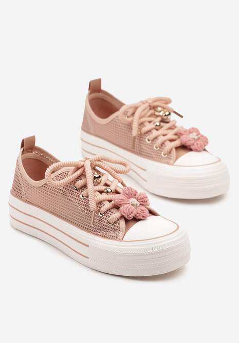 Różowe Trampki na Platformie z Ażurową Cholewką i Aplikacjami 3D Leniri