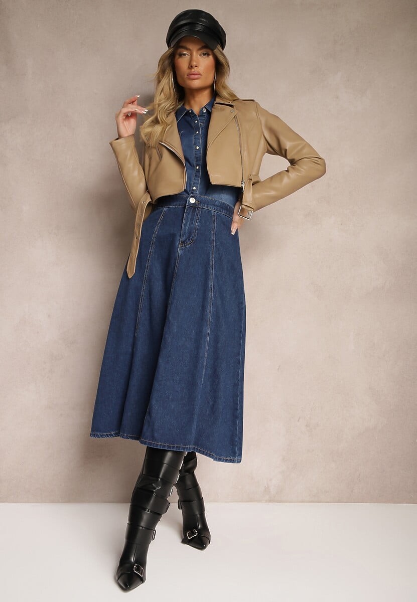 Granatowa Bawełniana Spódnica Jeansowa o Rozkloszowanym Kroju Bialitta