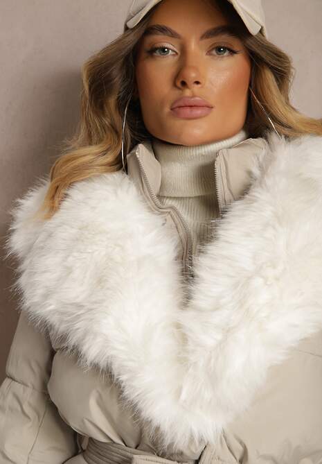 Beżowa Kurtka Ozdobiona Pikowaniem Odpinanym Kołnierzem z Futerkiem i Paskiem Edanora