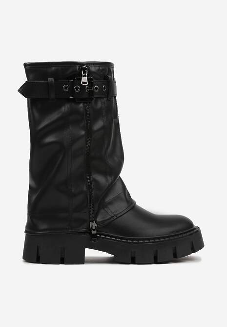 Czarne Botki Biker Boots z Cholewką Imitującą Nogawkę z Klamerką Veresta