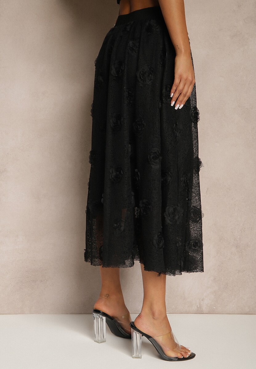 Czarna Tłoczona Spódnica o Rozkloszowanym Kroju z Gumką w Pasie Folunetta
