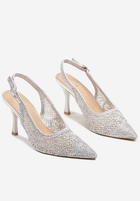 Srebrne Sandały na Szpilce Typu Slingback Ozdobione Siateczką Aranalia