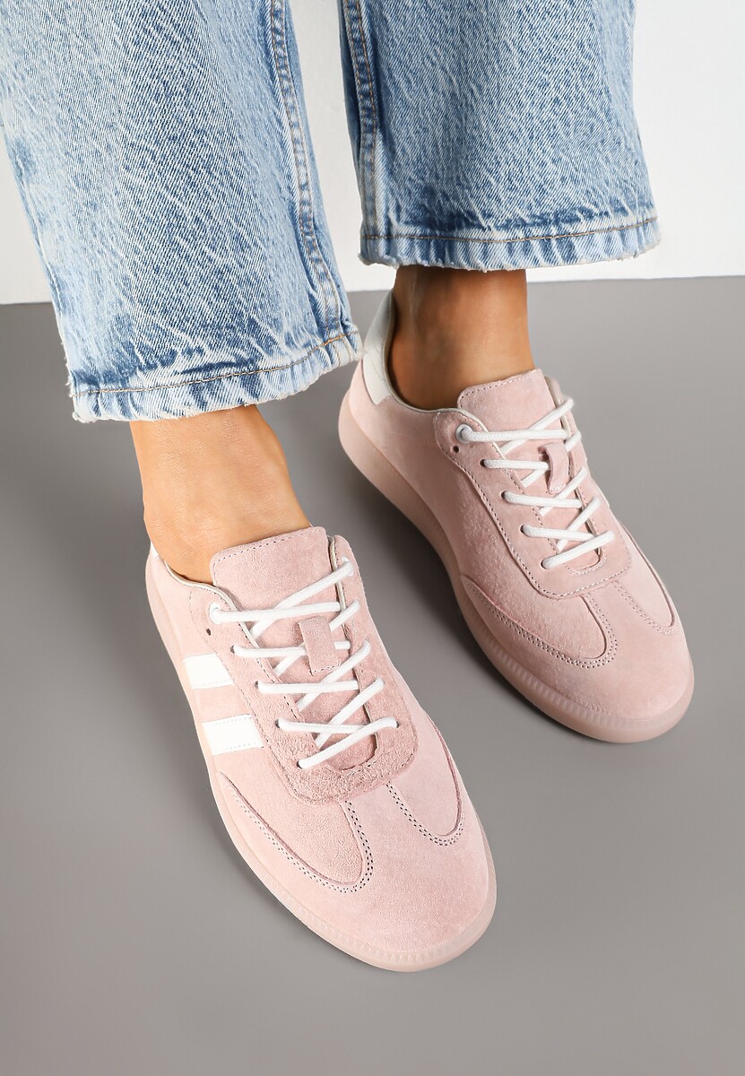 Różowe Płaskie Sneakersy ze Skóry Naturalnej z Ozdobnymi Paskami Nelarielis
