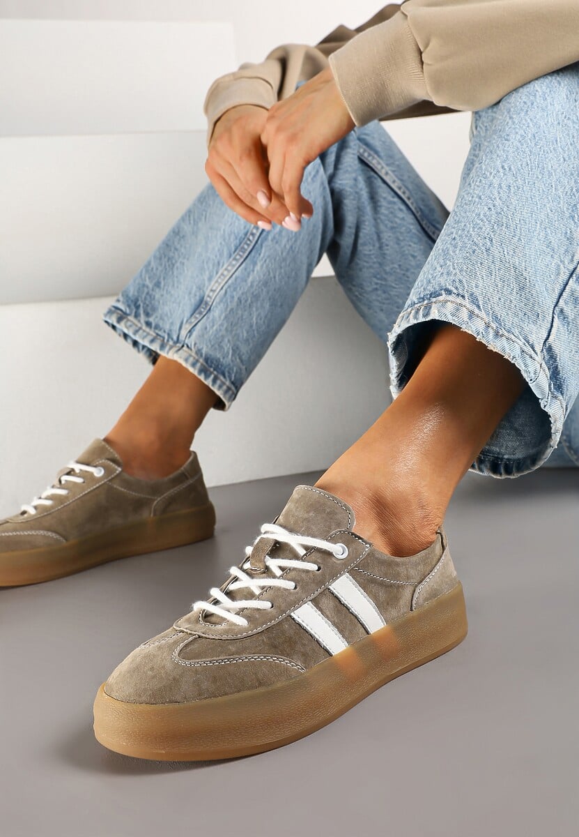 Ciemnobeżowe Sneakersy Klasyczne Tenisówki ze Skóry Naturalnej Alotia