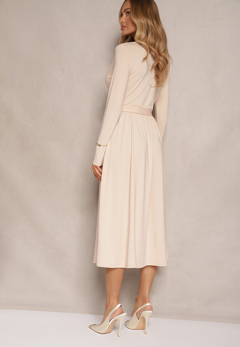 Jasnobeżowa Taliowana Sukienka z Paskiem z Domieszką Wiskozy Hrestalia