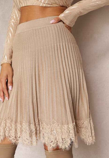 Beżowa Spódnica Mini Rozkloszowana z Gumką w Talii Saniurio