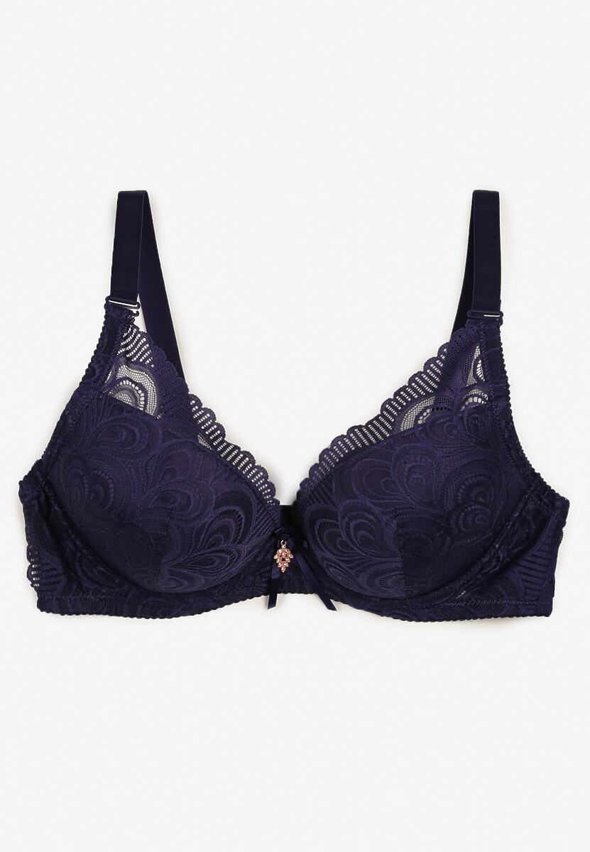Granatowy Koronkowy Biustonosz na Regulowanych Ramiączkach Ozdobiony Zawieszką Seinna