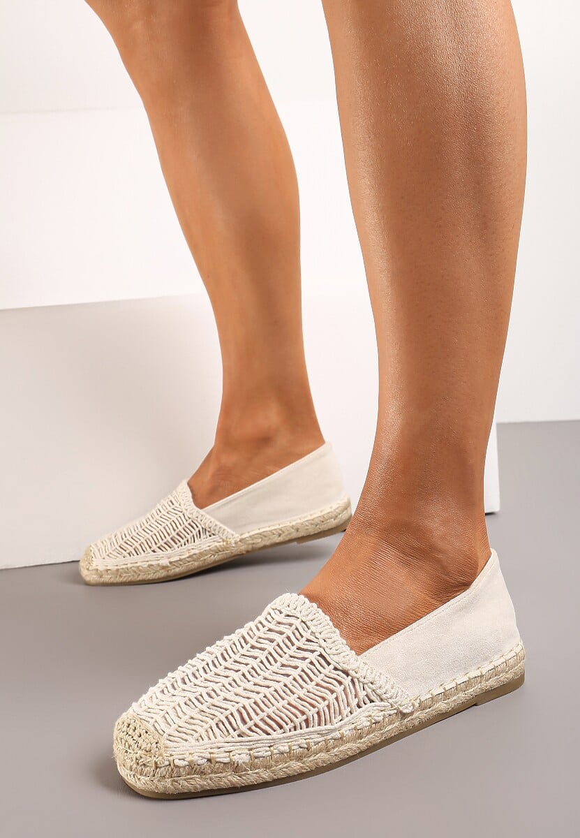 Beżowe Płaskie Espadryle z Ekozamszu Ozdobione Jutą Lemiala