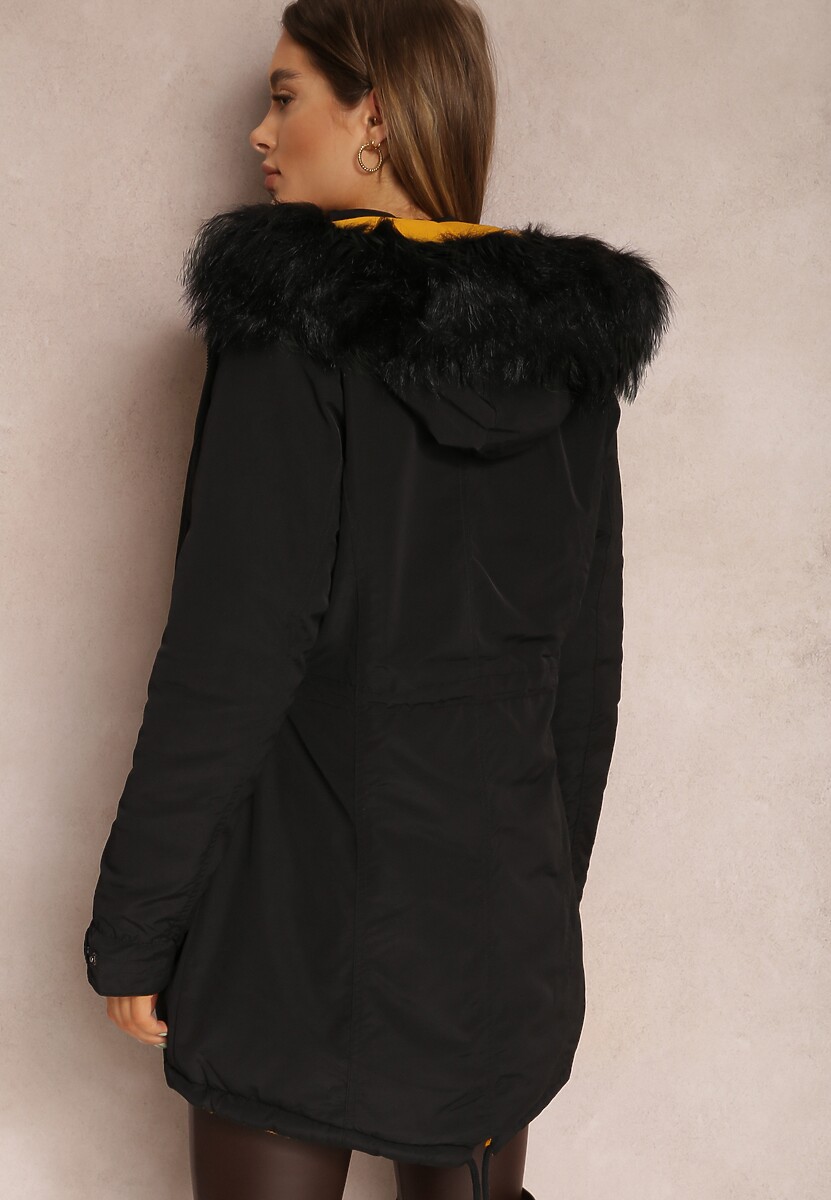 Czarno-Żółta Kurtka Dwustronna Pikowana z Kapturem z Futerkiem Armenia