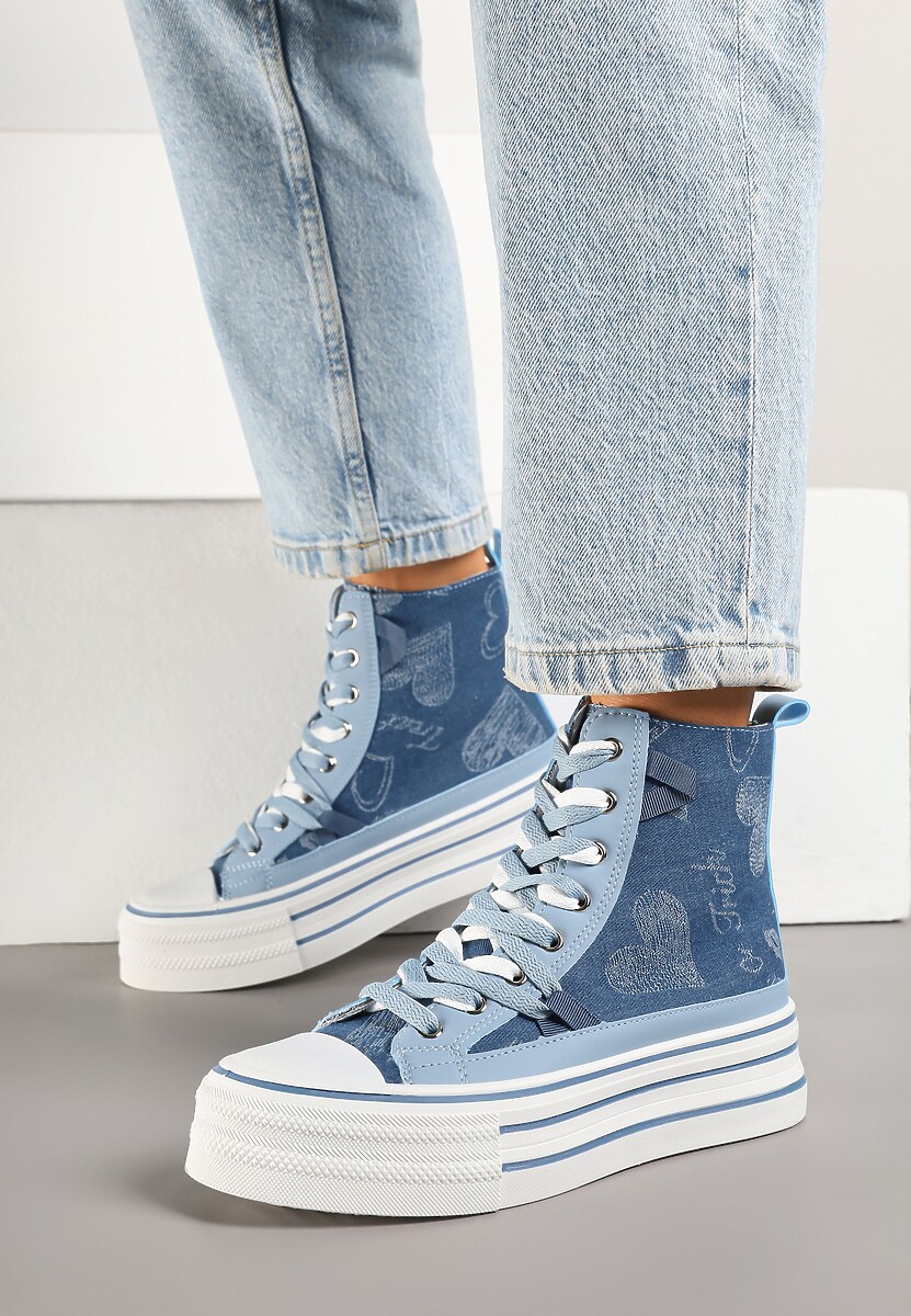 Niebieskie Trampki na Platformie z Wysoką Cholewką i Wzorem Serc Aviriss